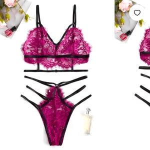 Zaful Contrast Trim Lace Harness Lingerie Set Deep Red Size Large NIP